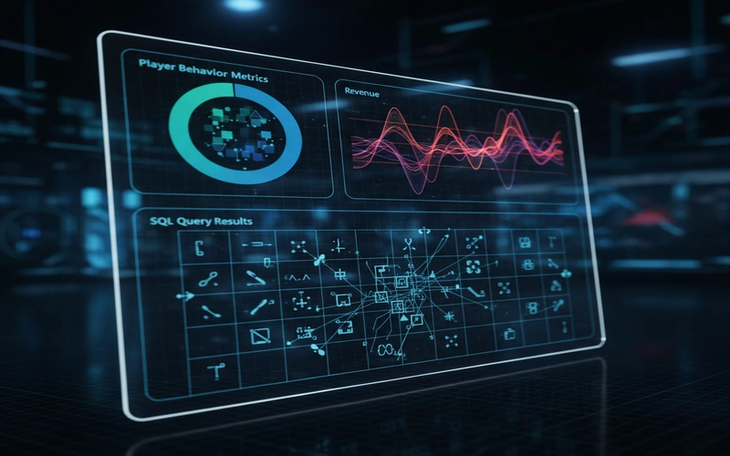 Casino analytics dashboard showing player behavior metrics revenue charts and SQL query results