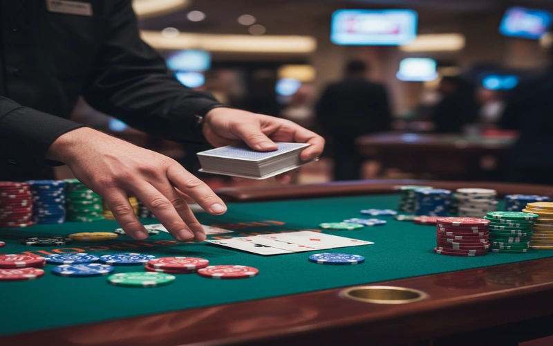 Casino dealer hands demonstrating professional card dealing technique with poker chips on gaming table