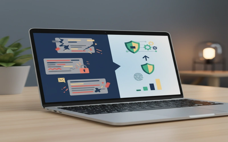 Cybersecurity awareness training on laptop screen showing phishing examples and security best practices