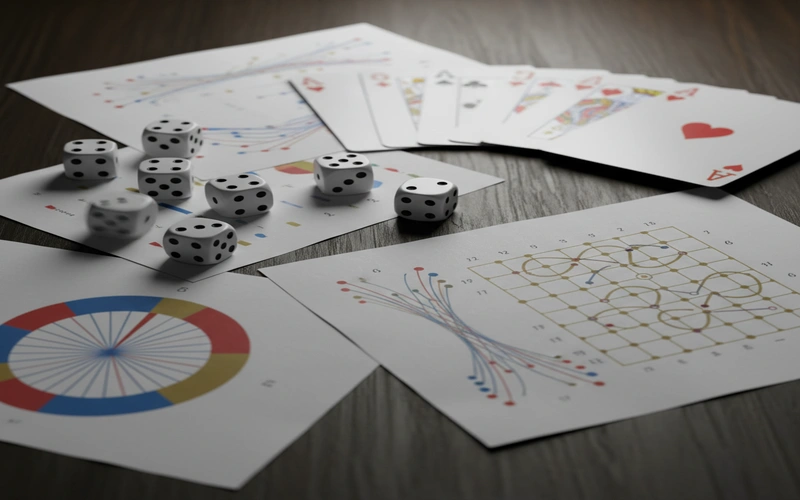Dice playing cards and probability calculation formulas on paper showing odds and percentages