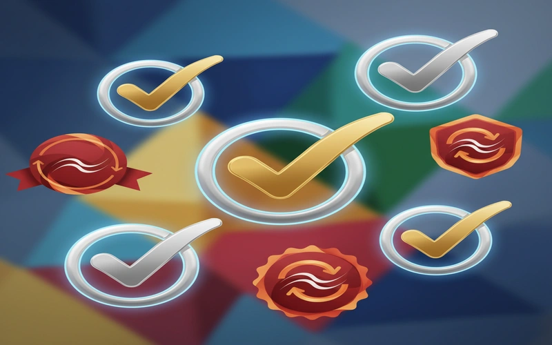 Verification checkmarks and discount badges representing quality coupon validation